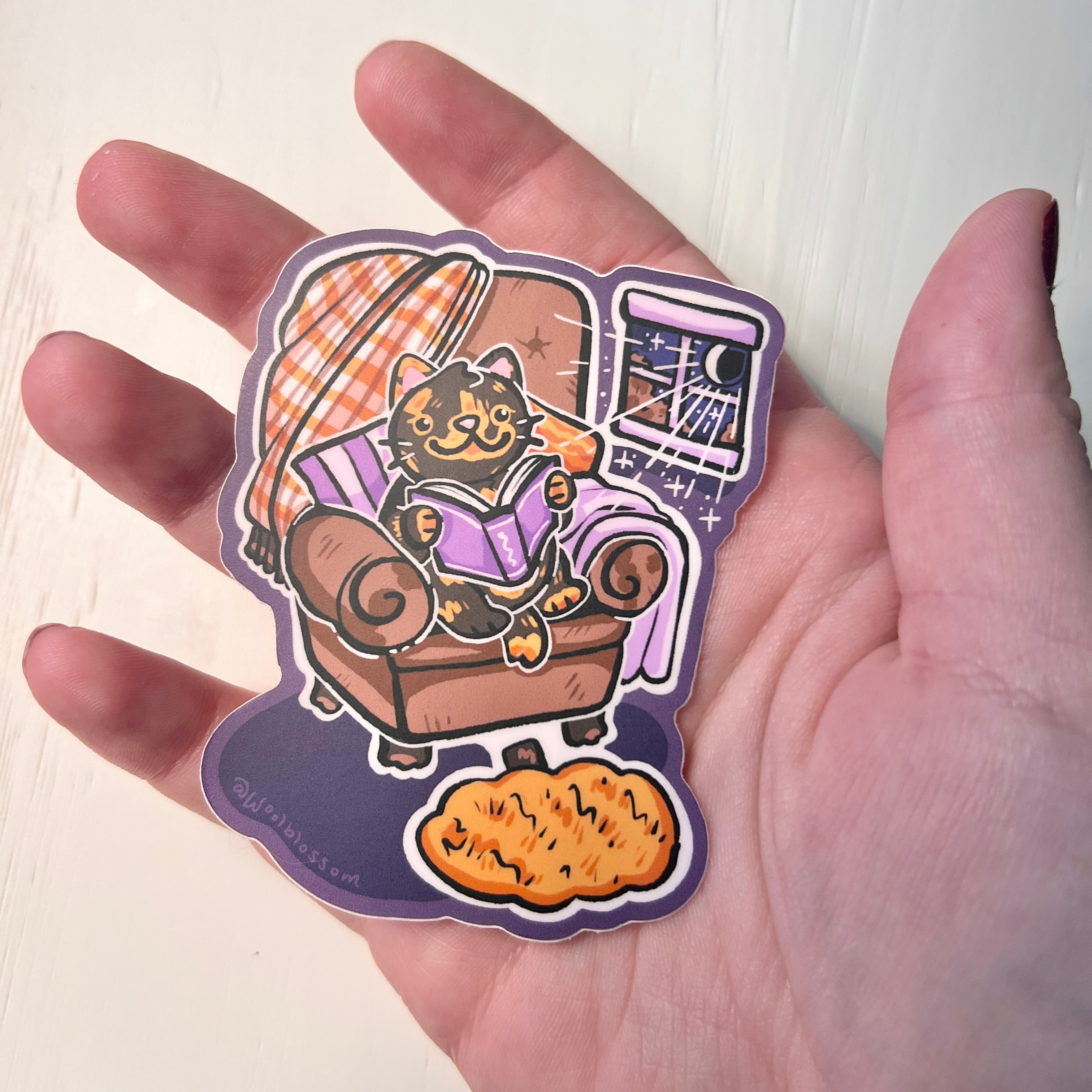 Nighttime Reader Tortie Cat ~ Sticker
