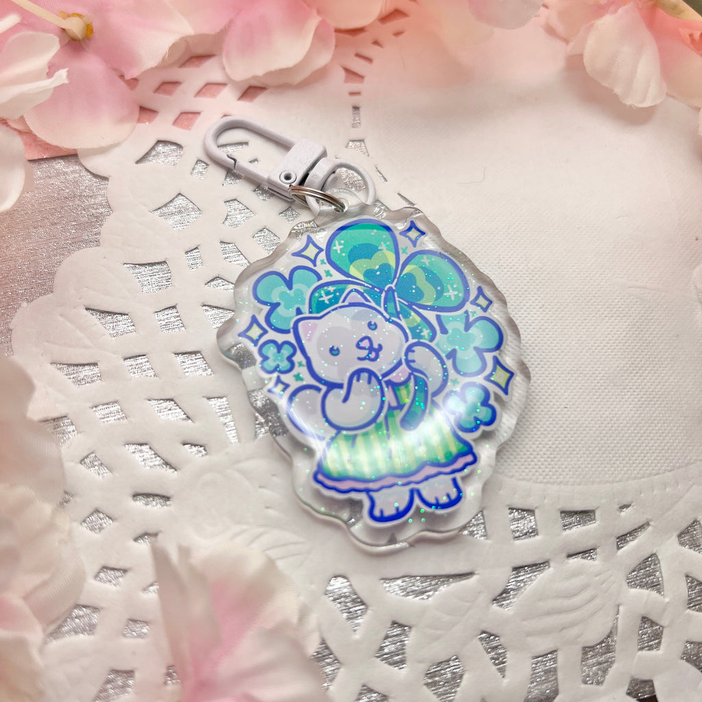 Lucky Clover Kitty ~ Glitter Acrylic Keychain Charm