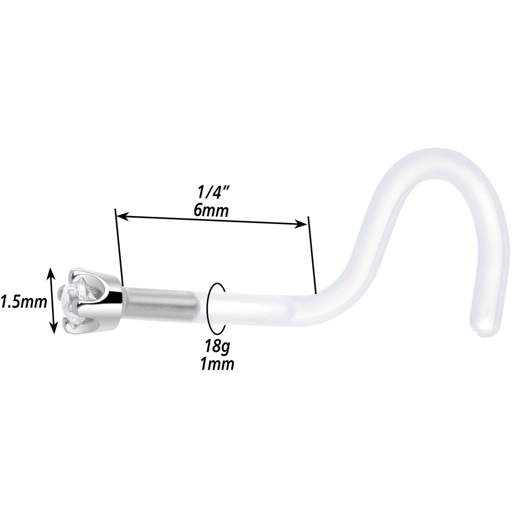 18G 1/4 White Gold 1.5mm Clear Cubic Zirconia Bioplast Nose Ring