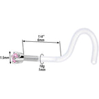 18G 1/4 White Gold 1.5mm Pink Cubic Zirconia Bioplast Nose Ring