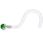 18G 1/4 White Gold 1.5mm Green Cubic Zirconia Bioplast Nose Ring