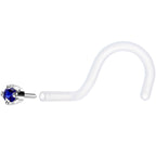 18G 1/4 White Gold 1.5mm Blue Cubic Zirconia Bioplast Nose Ring
