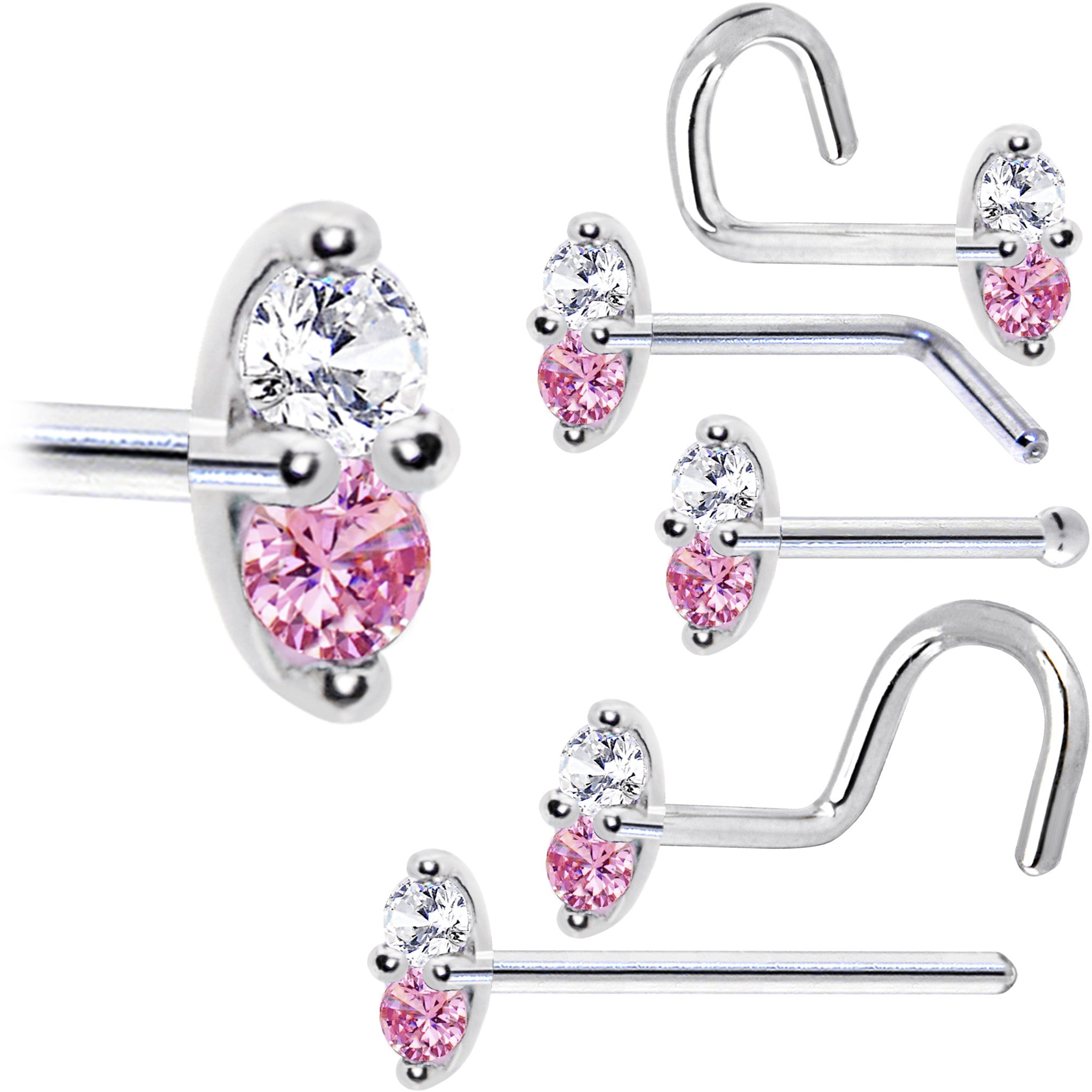 14k White Gold Pink 1.5mm CZ Marquise Nose Ring