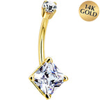 14k Yellow Gold Clear Cubic Zirconia Princess Belly Ring