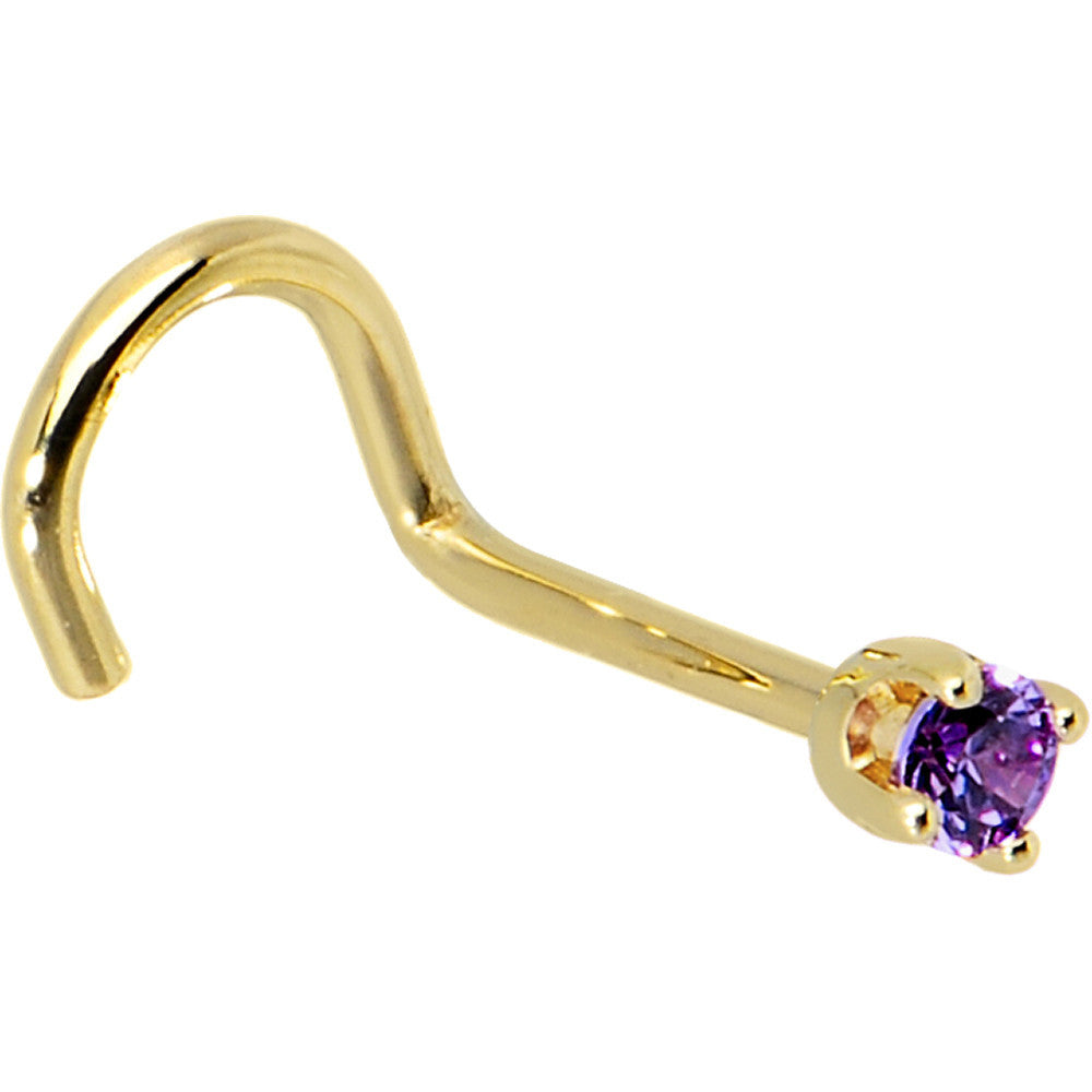 Solid 14K Yellow Gold 2mm Amethyst Cubic Zirconia Nose Ring