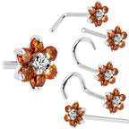 Solid 14K White Gold Orange and Clear Cubic Zirconia Flower Nose Ring