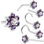 Solid 14K White Gold Amethyst and Clear Cubic Zirconia Flower Nose Ring