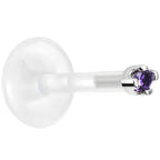 Solid 14K White Gold February 1.5mm CZ Bioplast Push in Labret Monroe