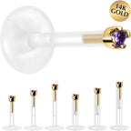 Solid 14K Yellow Gold February 1.5mm CZ Bioplast Push in Labret Monroe