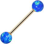 14k Yellow Gold 6mm Blue Synthetic Opal Barbell Tongue Ring 14G 5/8