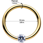 16G 3/8 Solid 14k Yellow Gold 3mm Clear Cubic Zirconia Tension Captive Ring