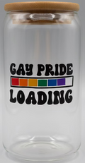 Glass jar with wooden lid and blue base, featuring 'GAY PRIDE LOADING' text and rainbow colors.