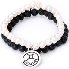 Handmade Lava Stone Freshwater Pearl Gemini Zodiac Bracelet Set of 2