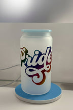 Can-shaped product with 'Pride' text in rainbow colors on a white background