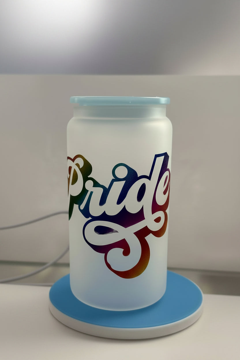Can-shaped product with 'Pride' text in rainbow colors on a white background