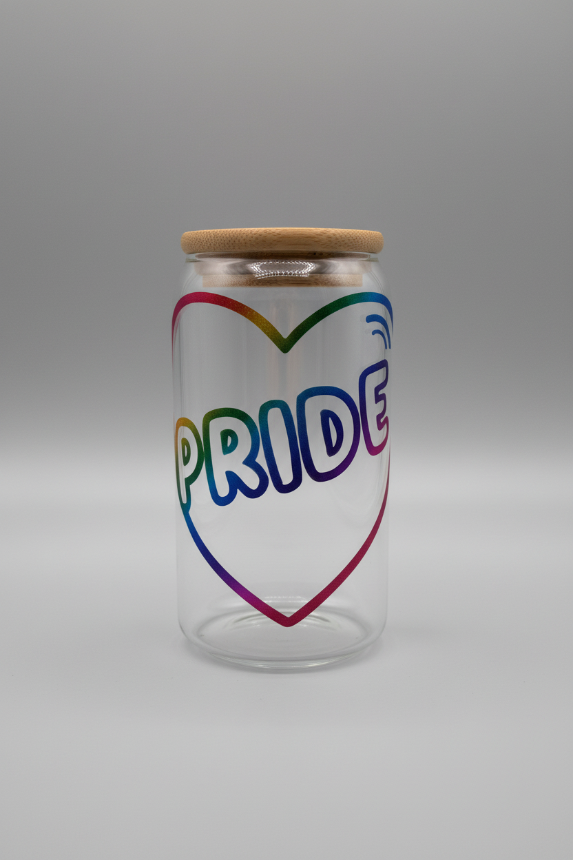 Clear glass CUP with rainbow heart design and 'PRIDE' text on a white background