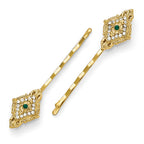 Gold Tone Downton Abbey Green Crystal Portcullis Hairpin Set