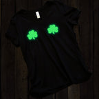 Lucky Glow in the Dark Shamrocks Black V-Neck Boobies Tee Shirt