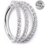 16G 3/8 Solid 14K White Gold Clear CZ Gem Row Hinged Segment Ring