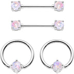 14G White Faux Opal BCR Captive Ring Barbell Nipple Ring Set
