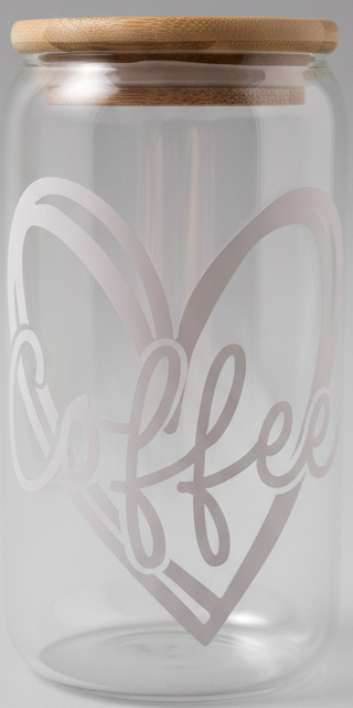 Coffee in heart - clear glass jar with wooden lid and coffee label surrounded by heart design.