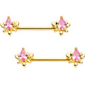 Pink Gem Gold Tone Anodized Fiery Flame Barbell Nipple Ring Set