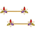 14G Rainbow Gem Star Gold Tone BCR Ring Barbell Nipple Ring Set