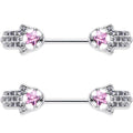 14G 9/16 Pink Gem Star Hamsa Hand Barbell Nipple Ring Set