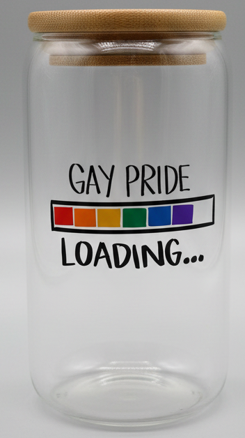 Clear glass tumbler with 'Gay Pride Loading' text and rainbow flag on a white background