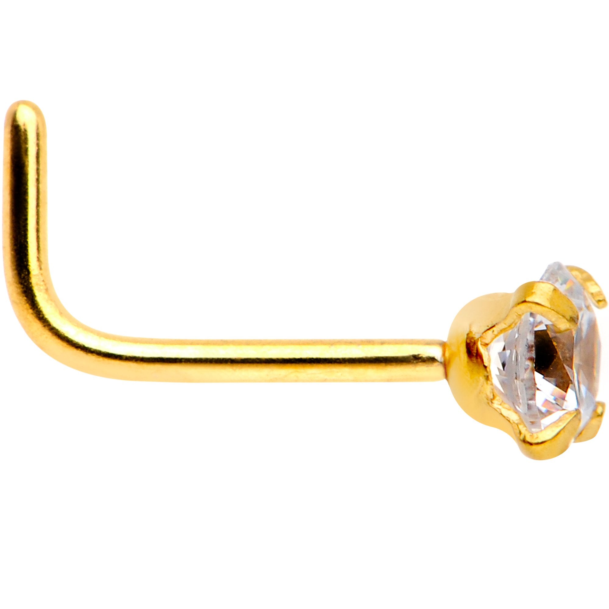 20G 1/4 Clear 3mm CZ Gem Gold IP L-Shape Nose Ring