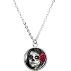 Katrina Sugar Skull with Rose Flower Silver Plated Chain Necklace