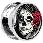 Katrina Sugar Skull with Rose Flower Steel Screw Fit Plug Set 5/8