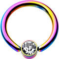 14G 3/8 Clear Gem 4mm Disc Rainbow IP BCR Captive Ring
