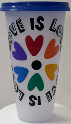 color changing Tumbler with colorful heart design and 'LOVE IS LOVE' text on a white background