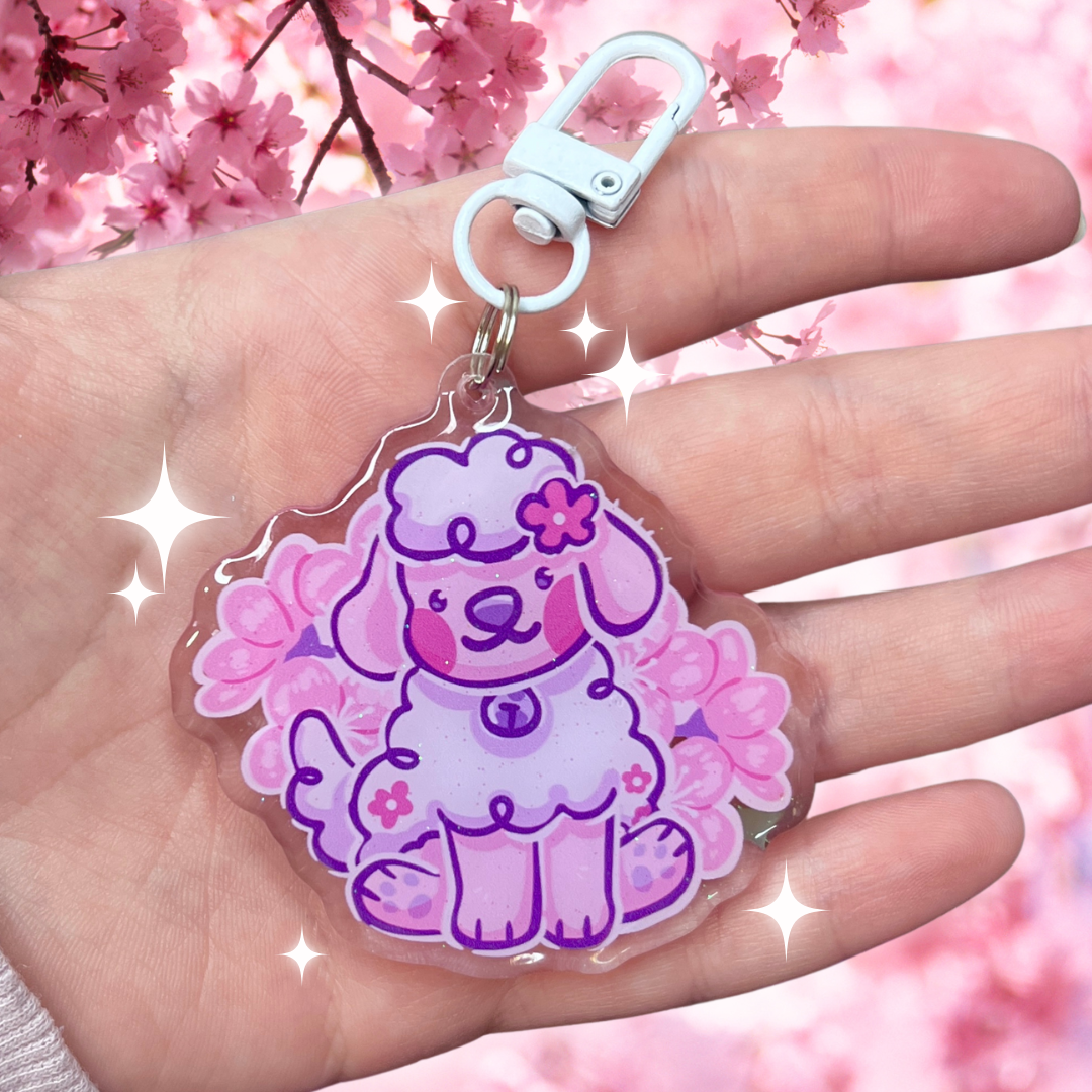 Cherry Blossom Puppy ~ Glitter Acrylic Keychain Charm
