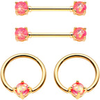 Pink Faux Opal Gold Tone Captive Ring Straight Barbell Nipple Ring Set