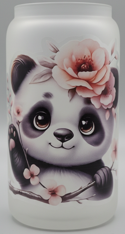 can-shaped glass with a panda design and floral elements on a white background