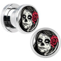 Katrina Sugar Skull with Rose Flower Steel Screw Fit Plug Set 0G