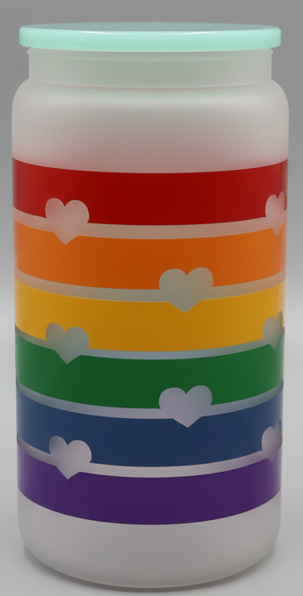 Frosted tumbler with rainbow design and hearts