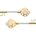 1/2 White Faux Opal Gold Tone Heart Key Barbell Nipple Ring Set