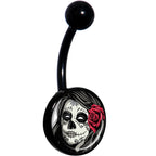 Katrina Sugar Skull with Rose Flower Black Belly Ring