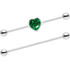14G Green Glitter Heart Industrial Barbell 38mm Set of 2