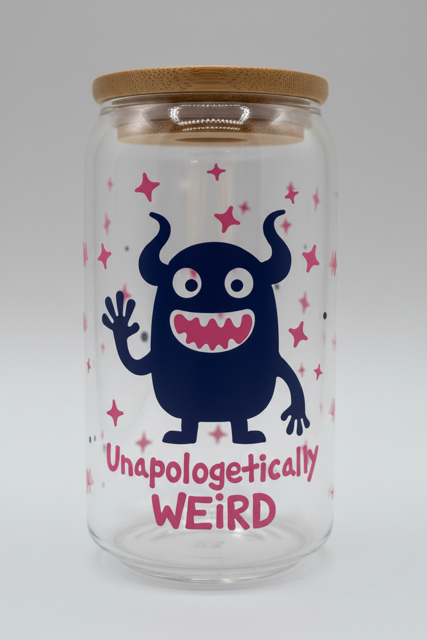 clear glass with cartoon monster and unapologetically weird decal