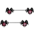 14G 9/16 Dark Red Gem Halloween Night Bat Barbell Nipple Ring Set