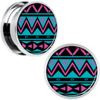 Pink Teal Tribal Print Steel Screw Fit Plug Set 18mm