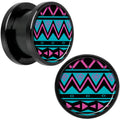 Pink Teal Tribal Print Black Anodized Screw Fit Plug Set 1/2