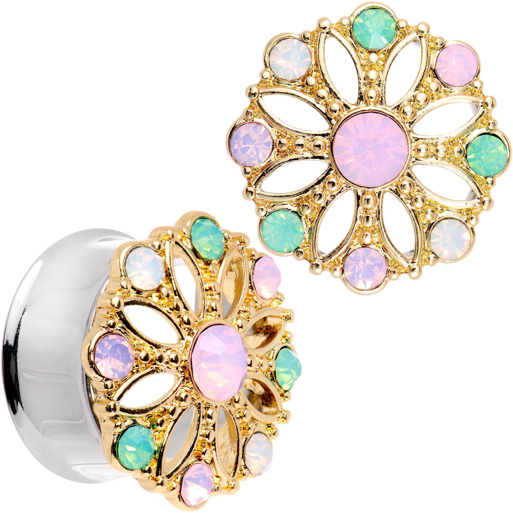Pink Green White Gem Glam Flower Double Flare Tunnel Plug Set